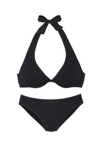 Completo bikini nero con top a collo alto e nastro da annodare, coppe triangolari e tessuto strutturato, abbinato a slip bikini a vita bassa.