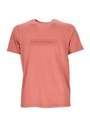 T-shirt a maniche corte in cotone corallo, caratterizzato da un logo in rilievo testurizzato sulla parte anteriore. Design semplice con scollo rotondo e vestibilità regolare.