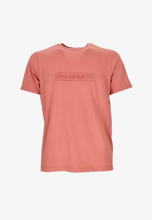 Kurzärmliges T-Shirt aus Korallenbaumwolle mit einem strukturierten, eingeprägten Logo auf der Vorderseite. Einfaches Design mit Rundhalsausschnitt und normaler Passform.