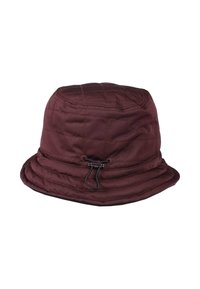 Quilted dark brown bucket hat with adjustable black cord and toggle on the band, isolated on white background.