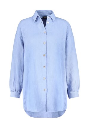 Light blue, button-up shirt made of textured fabric. Features a collar, long sleeves with elastic cuffs, and a rounded hem.