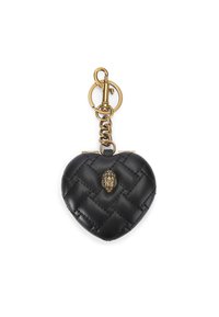 Czarny skórzany portfel w kształcie serca z plecioną teksturą, złotym okuciem i dekoracyjnym zapięciem z ozdobnym wzorem.