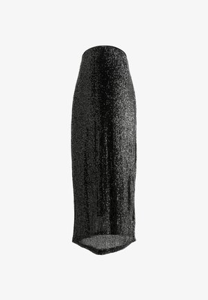 Sort pailletkjole med en tætsiddende design og længde til midt på læggen. Teksturen har glitrende pailletter, der skaber en gradient-effekt.