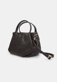 Black leather handbag with a textured finish, two short handles, a removable shoulder strap, and a gold-tone hardware accent.