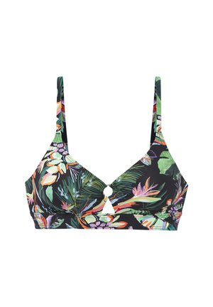 Floral patterned bikini top with thin adjustable straps and a central ring detail on a black background.