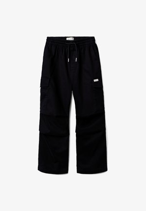 Sorte cargobukser lavet af bomuldsblanding, med elastisk talje med snøre, flere sidelommer og design med lige ben.