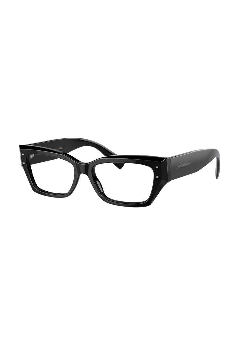 Schwarze Kunststoff-Brille mit rechteckiger Form, dicken Rahmen und kantigem Design. Mit silbernen Akzenten an den Bügeln.