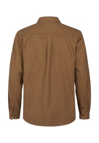 Bruine langhandige overhemd met een kraag, knoopmanchetten en een yoke-ontwerp. Gemaakt van zachte stof met een gladde textuur en een rechte achterkant.