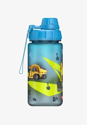 Blue plastic water bottle with a screw top, featuring yellow construction vehicle graphics and green diagonal patterns on a teal background.