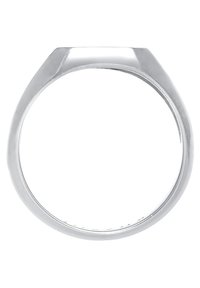 Hopeinen sormus, jossa on sileä, kiillotettu pinta, litteä ja kulmikas yläosa sekä pyöreä sormusosa. Minimalistinen muotoilu ilman lisäkoristeita.