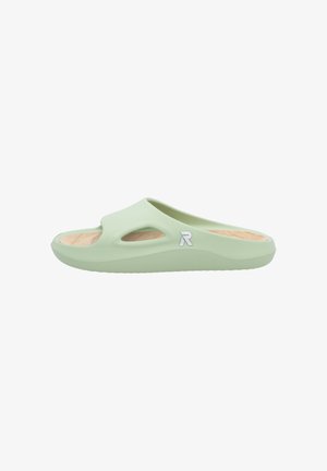 Light green slide sandal made of rubber with a textured footbed, open toe design, and cut-out side details. Features a small logo accent.