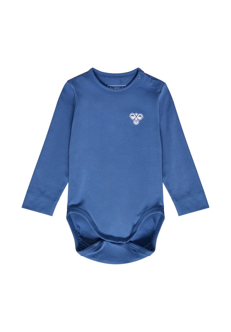 Långärmad bodysuit i marinblått, tillverkad av mjukt tyg, med rund halsringning och tryckknappar på axlarna. Litet vitt emblem på bröstet.