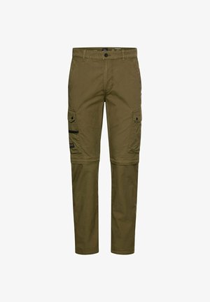 Olijfgroene cargobroek met knoop- en ritssluitingen aan de zakken, riemlussen en een afritsbare knieomvang voor om te zetten naar een korte broek.