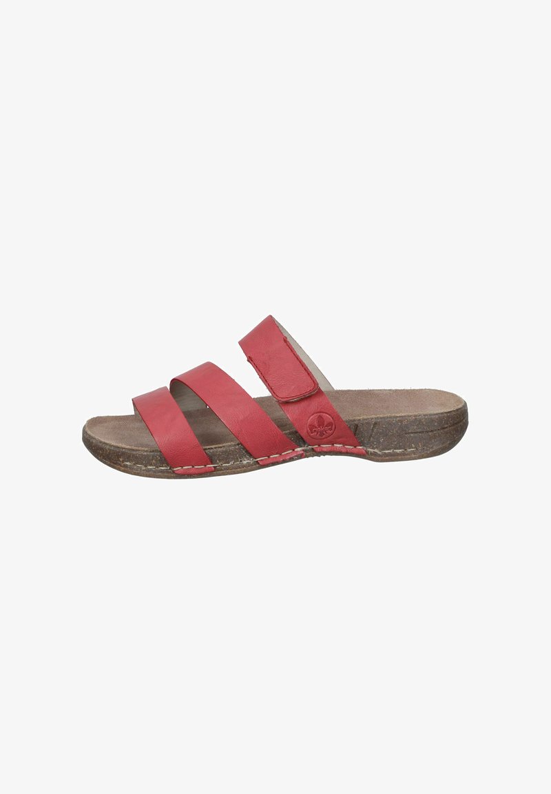 Red leather slide sandals with three wide straps and a Velcro closure. Cork sole featured, with visible stitching on the edges.