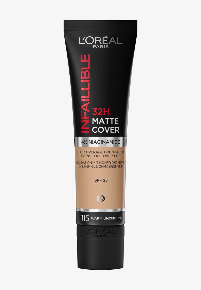 L'Oréal Infaillible 32H Matte Cover foundation tube, SPF 25, 4% niacinamide, shade 115 warm undertone, full coverage, evens tone over time.