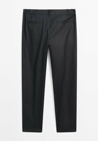Black trousers with a smooth texture, straight cut, and two back pockets. Elastic waistband for comfort. Minimalistic design.