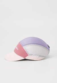 Lightweight athletic cap featuring a curved visor. Made of mesh in purple, pink, and grey with a logo on the side. Textured fabric.