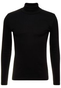 Schwarzes Langarm-Turtleneck aus weichem Stoff, mit einer figurbetonten Passform, einem hohen Kragen und geradem Saum. Keine Muster oder Verzierungen.