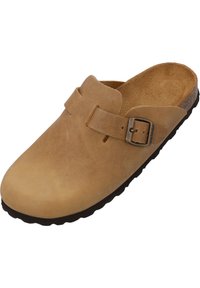 Brown suede clog with a rounded toe, adjustable buckle strap, and textured insole. Black rubber sole with rounded tread pattern.
