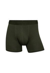 Boxer da uomo in cotone verde oliva con una comoda cintura elastica che presenta il nome del marchio. Tessuto liscio e gambe di lunghezza media con cuciture.
