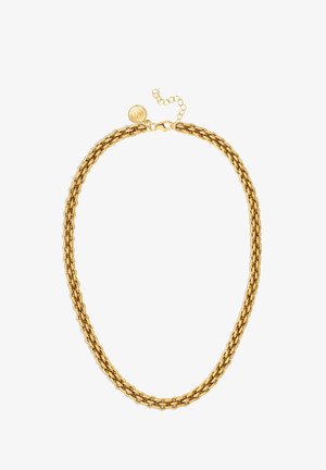 Gouden ketting met schakels in de vorm van ovale ringen, een gestructureerd oppervlak, en een sluiting met een klein rond accent en een verlengketting.