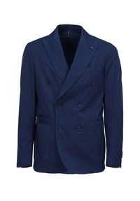 Marineblazer aus glattem Stoff, mit zwei Fronttaschen, vier Knöpfen und einem Reverskragen-Design.