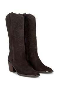 Stivali da cowboy in suede marrone con ricami intricati sulla gamba, punta appuntita e tacco impilato. Presentano linguette laterali per una facile calzata.