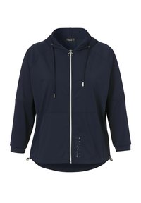 Marineblaue Kapuzenjacke aus leichtem Material, mit einem Frontreißverschluss, zwei Seitentaschen und Kordelzügen an der Kapuze.