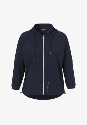 Navy blue hooded jacket made of lightweight material, featuring a front zipper, two side pockets, and drawstring accents on the hood.