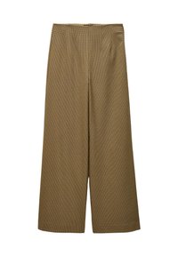 Pantalons à jambes larges dans un motif à carreaux, présentant un schéma de couleurs brun et moutarde. Fabriqués en tissu texturé avec une taille haute.