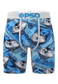 Men's blue boxer briefs with all-over print of hundred-dollar bills and large white diamonds, gray waistband with blue "PSD" logo.