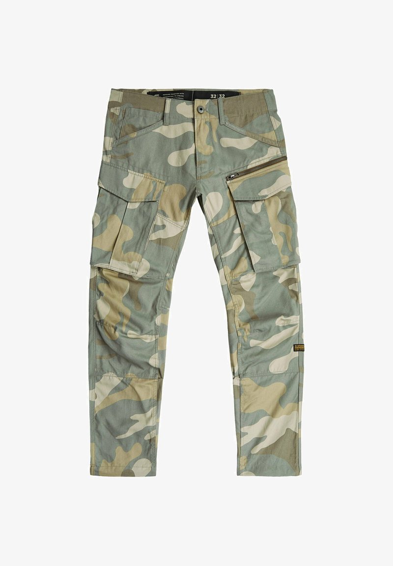 Camouflage cargo pants with multiple pockets, including flap and zipper pockets, in green, beige, and brown tones, size 32 32.