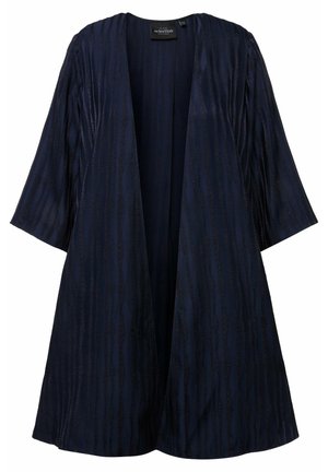 Marineblauer Kimono-Jacket mit strukturierten vertikalen Streifen, offenem Vorderteil und drei Viertelärmeln, aus leichtem Stoff gefertigt.