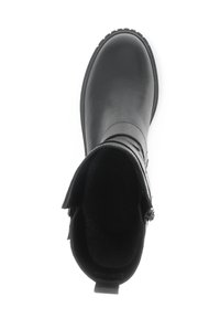Black leather ankle boot with textured surface, round toe, side zipper, and a sturdy rubber sole. Features soft interior lining.