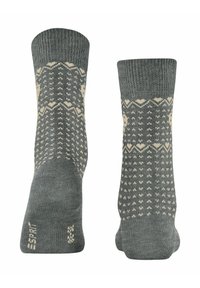 Graue gestrickte Socken mit einem cremefarbenen geometrischen Muster, ribbelnden Bündchen sowie verstärkten Fersen- und Zehenbereichen.