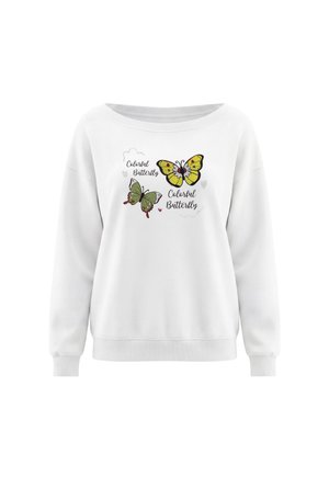 Hvid langærmet sweatshirt med ribkantsmanchetter og kant, med to farverige sommerfugle og teksten "Colorful Butterfly" på forsiden.