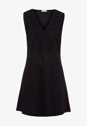 Zwarte mouwloze jurk met een kanten V-halslijn, een effen top en een uitlopende rok. Zacht, soepel materiaal met kantdetails boven de buste.