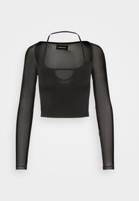 Schwarzes, durchscheinendes, langärmeliges Crop-Top mit quadratischem Ausschnitt und dünnen Trägern, das an der Brust mit einem runden Ausschnitt und einer glatten Textur gestaltet ist.