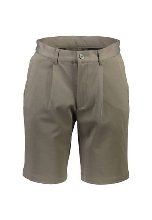 Pantalones cortos caqui con un corte ajustado, que presentan un frente plano, dos bolsillos laterales y un cierre de botón simple. Fabricados en una tela ligera.