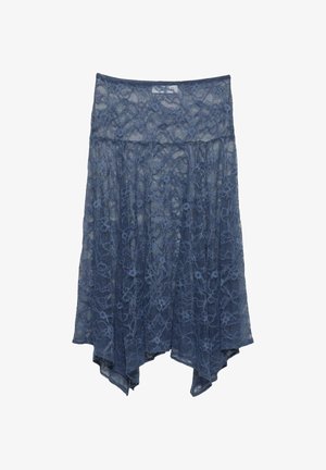 Gonna in pizzo blu scuro con orlo asimmetrico e fluente. Presenta motivi floreali intricati e una texture morbida e leggera.