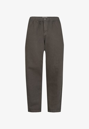 Mørkegrå bomuldsbukser med elastisk talje, frontknaplukning og lige ben-design; glat tekstur og minimal dekoration.