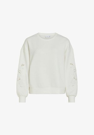 Witte sweatshirt met lange mouwen, ronde halslijn en bloemenkant uitsnijdingen op beide mouwen, geribbelde manchetten en zoom.