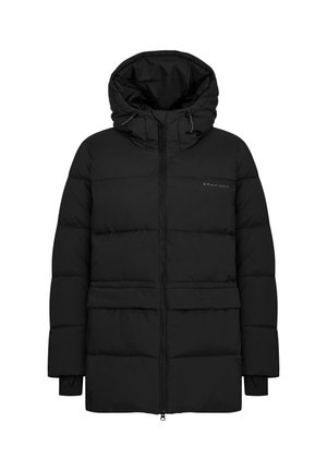 Sort pufferjakke med hætte, der har en frontlynlås, to forlommer og quiltede sektioner til isolering. Minimal branding.
