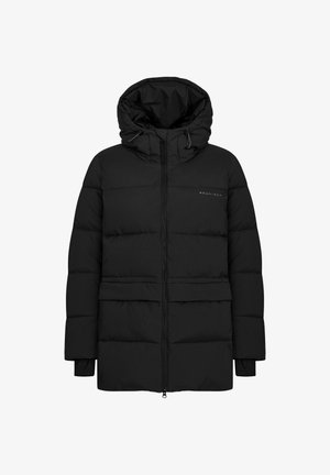 Giubbotto a vento nero con cappuccio, dotato di zipper frontale, due tasche frontali e sezioni trapuntate per l'isolamento. Dettagli di marchio minimi.