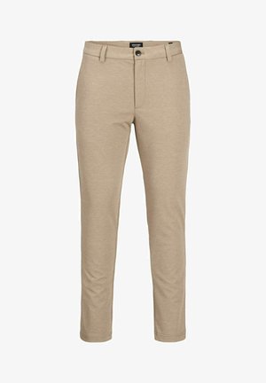 Beige broek van een zachte, rekbare stof. Ze hebben een klassieke tailleband met een knoopsluiting en een recht model.