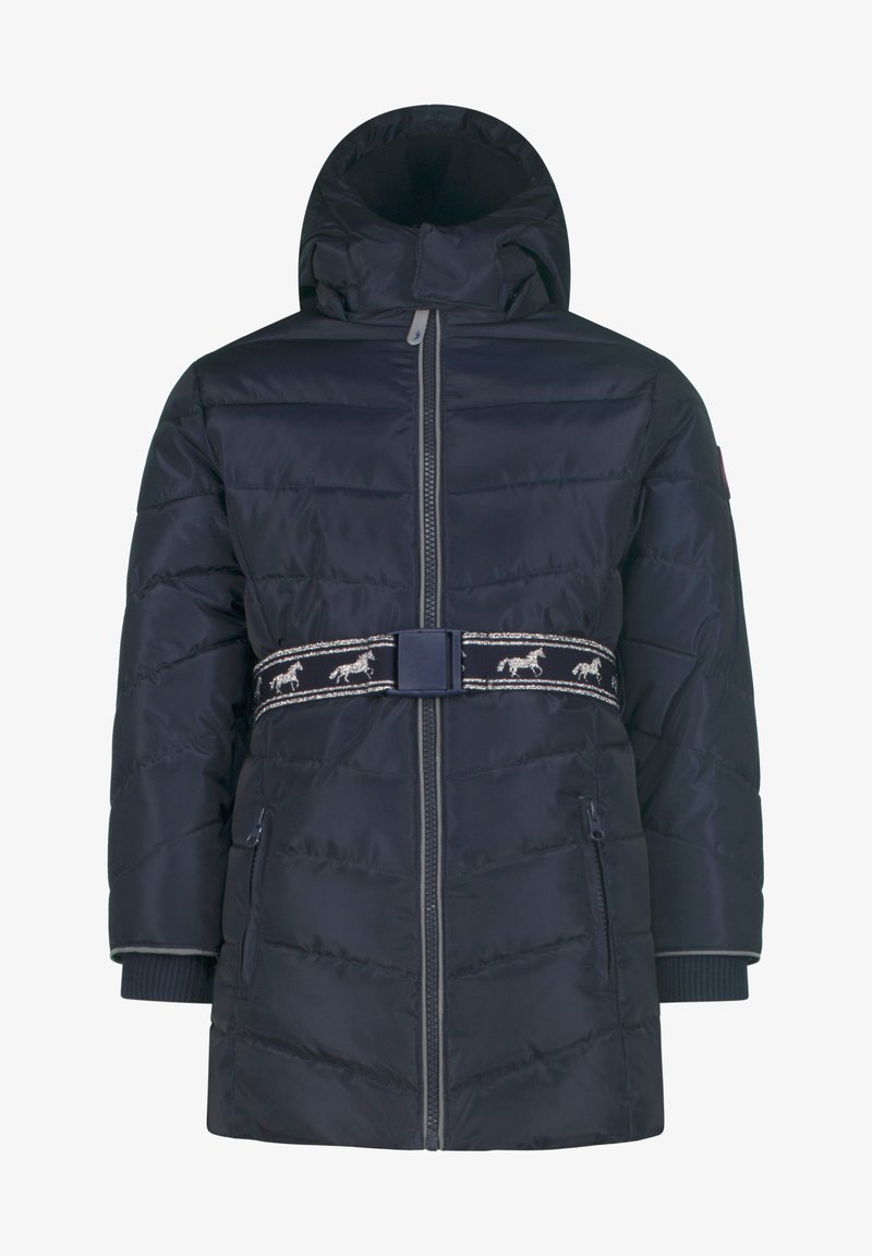 Navy Pufferjacke mit hohem Kragen, Reißverschluss, seitlichen Taschen und einem dekorativen Gürtel mit Tiermustern. Texturiertes, gestepptes Gewebe.