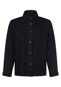 Mörk marinblå knappar-jacka i lätt tyg. Har en krage, framknäppning med knappar och två framfickor.