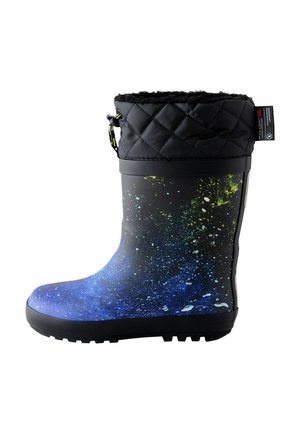 Botte de pluie en caoutchouc avec une tige matelassée noire, arborant un motif galaxie en bleu, vert et noir, semelle texturée pour une bonne adhérence.