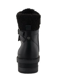Botte noire en cuir avec un revers en fausse laine texturé, fermeture éclair sur le côté et petites accents métalliques. Semelle en caoutchouc robuste avec un relief.