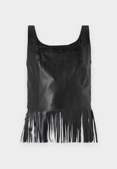 Black leather sleeveless top with a square neckline, featuring long fringe detailing at the hem and a smooth texture.